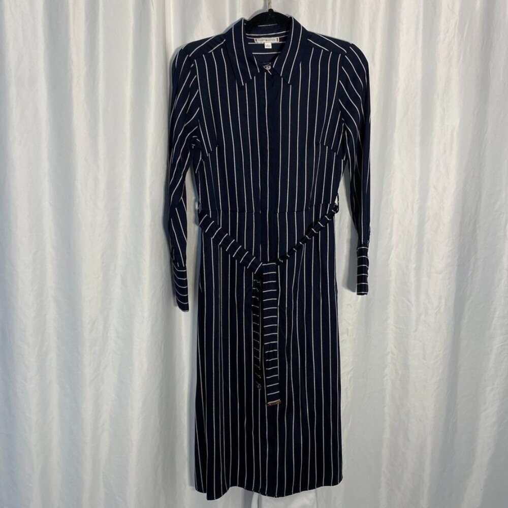 Tommy Hilfiger Belted Striped Shirt Dress Long Sleeve Navy Size 4 - Picture 2 of 16